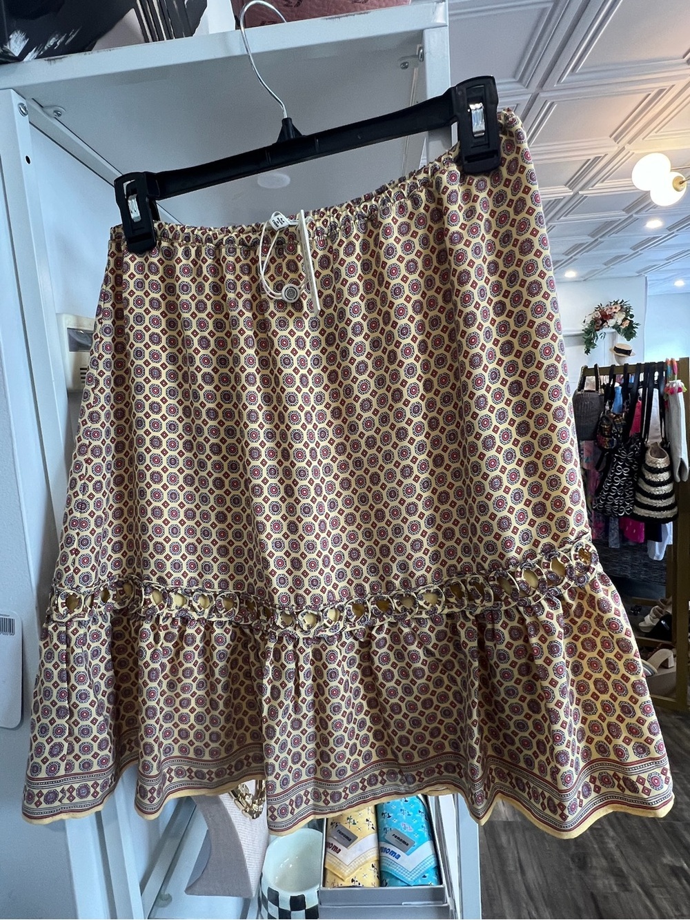 Max Studio Yellow and Burgundy Printed A-Line Ruffle-Hem Skirt NWT